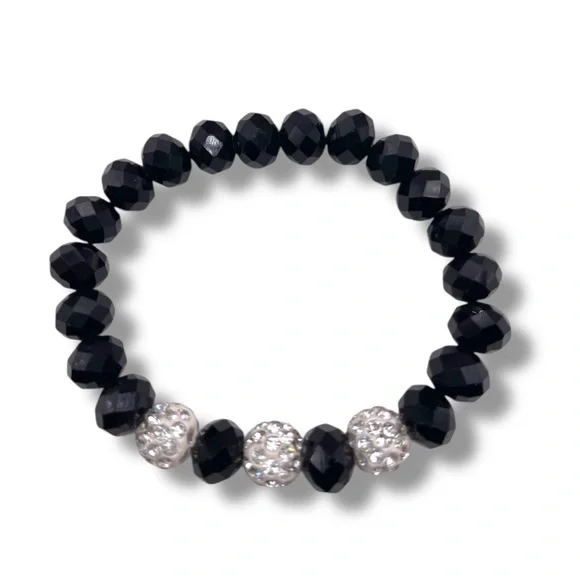 ❤️ Black Beaded Stretch Bracelet with Crystal Encrusted Accents - Picture 2 of 4